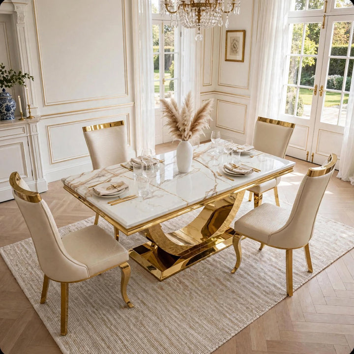 London Gold Dining Table with 6 Chairs Roxby Cream & Gold Velvet Luxury Dining Set