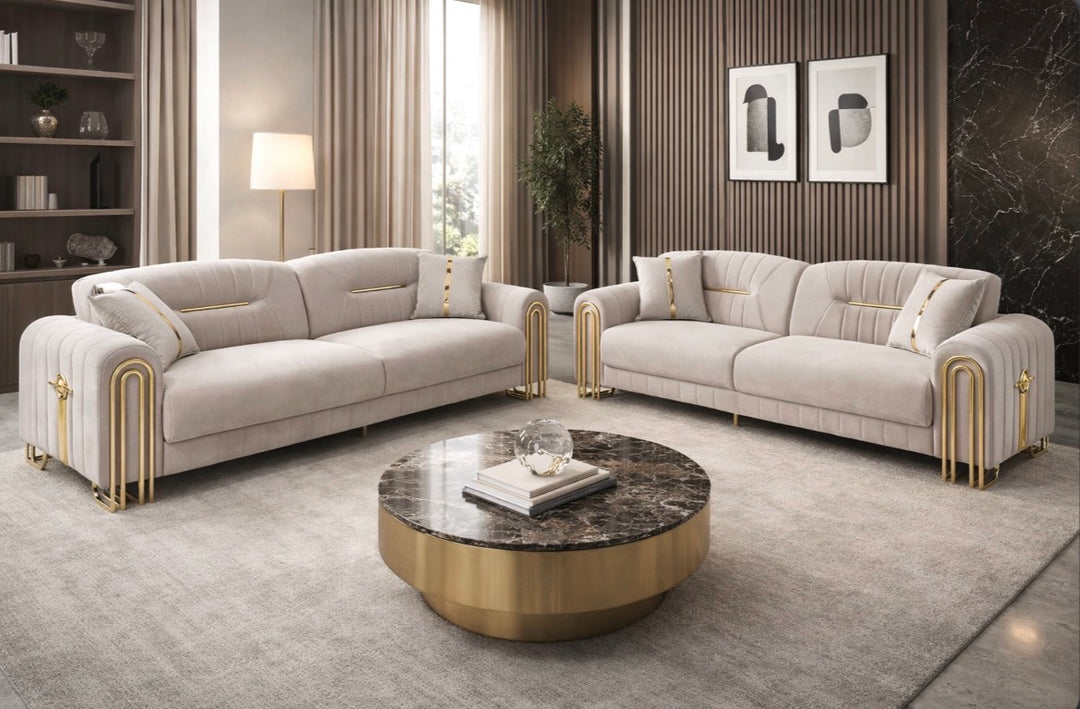Mona Turkish Cream Sofa Set with Gold Trim – 3 Seater, 2 Seater | Luxury Living Room Furniture UK