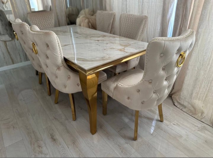 Louise White & Gold Marble Dining Table with Cream Velvet Ring & Lion Knocker Chairs – Luxury Dining Set
