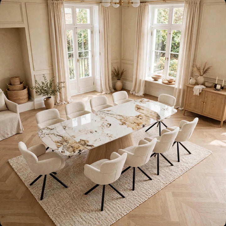 Marino Pandora Beige Extendable Dining Table 160-240cm with Tuscany Beige Velvet 360° Swivel Chairs