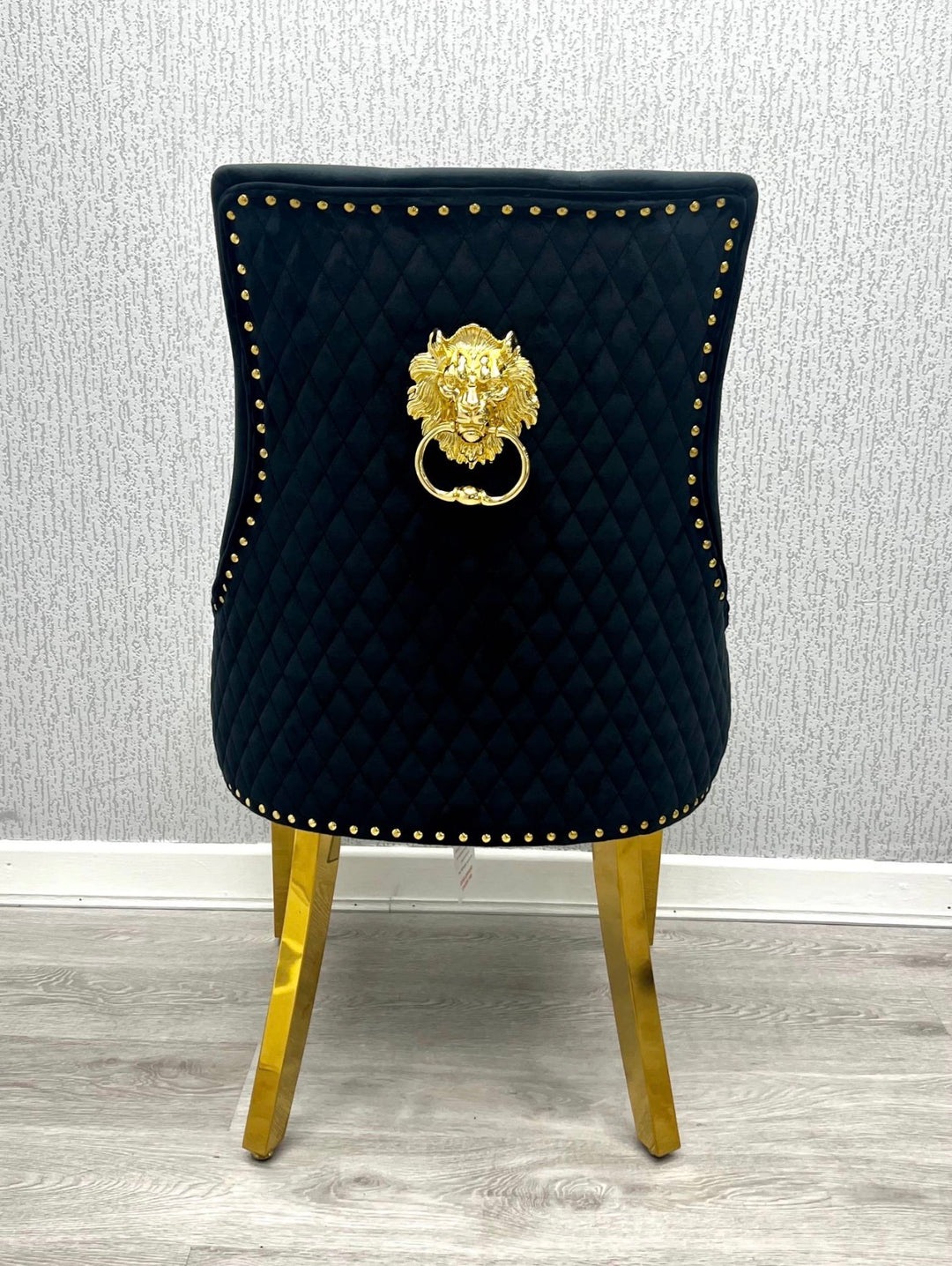 Louise Marble Dining Set Gold with Majestic Navy Blue & Gold Lion Knocker Chairs – Luxury Marble Dining Table