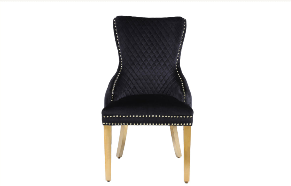 Louis Cream Gold Marble Dining Table + Victoria Black And Gold Dining Chairs Lion Knocker