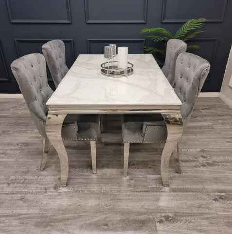 Louis 180cm Grey Marble Dining Table + Megan Dark Grey Knocker Plush Velvet Chairs