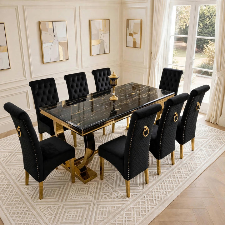 Arianna Black & Gold Marble Dining Table with Black And Gold Lucy Velvet Dining Chairs