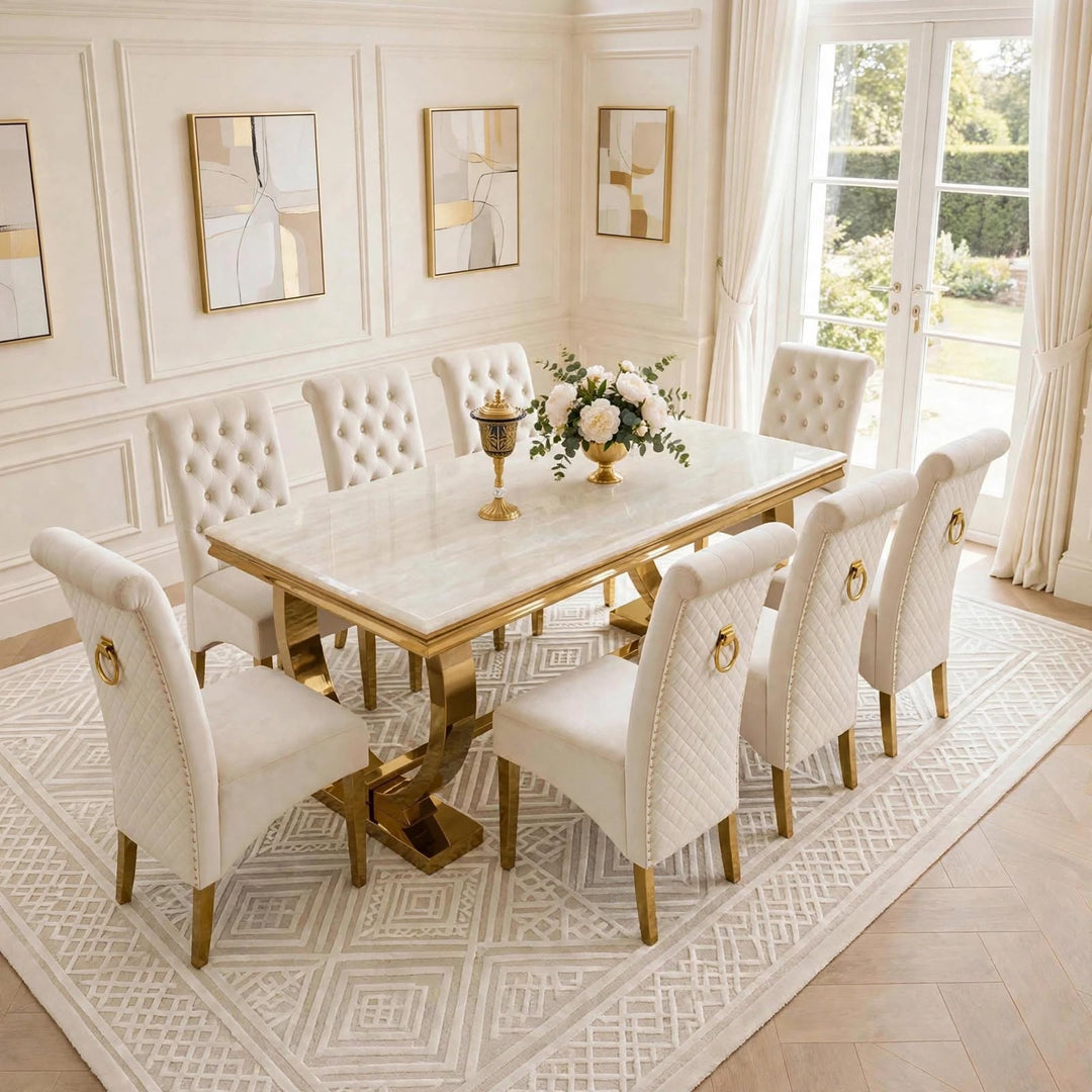 Arianna Cream & Gold Marble Dining Table with Cream And Gold Lucy Velvet Dining Chairs
