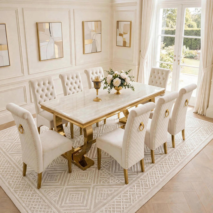 Arianna Cream & Gold Marble Dining Table with Cream And Gold Lucy Velvet Dining Chairs