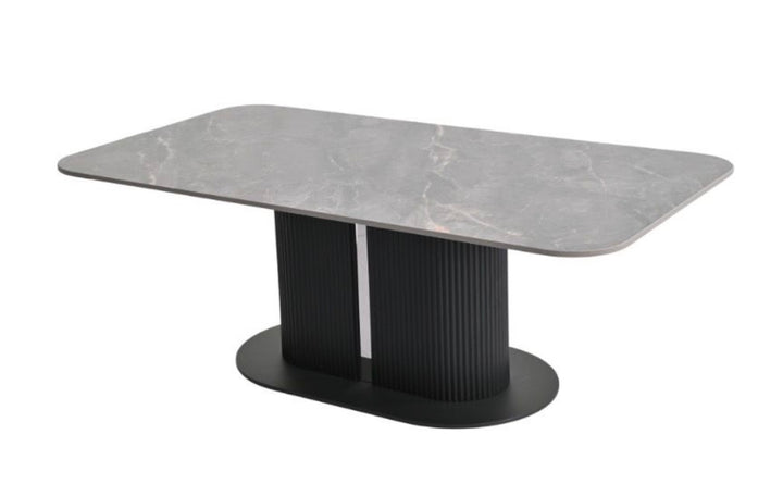 Coffee table Dining table with gray marble top and black cylindrical