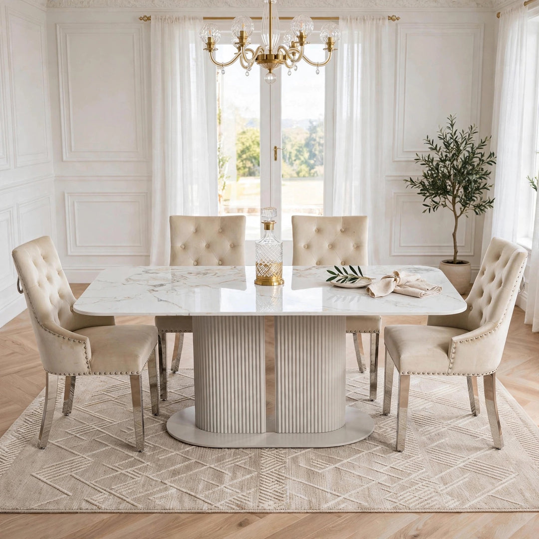 Alasgar 160cm Cream Marble Dining Table with 6 Mink Velvet Chairs – Luxury Pedestal Dining Set