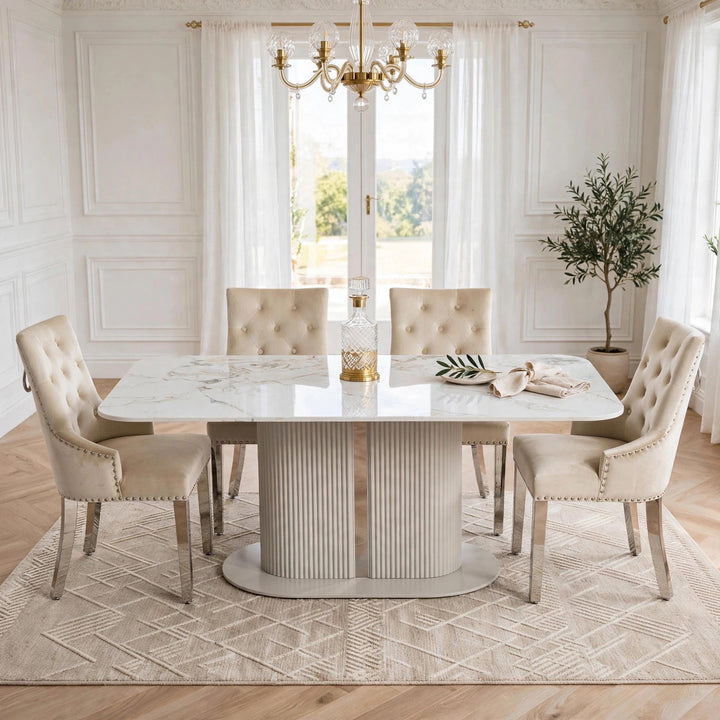 Alasgar 160cm Cream Marble Dining Table with 6 Mink Velvet Chairs – Luxury Pedestal Dining Set