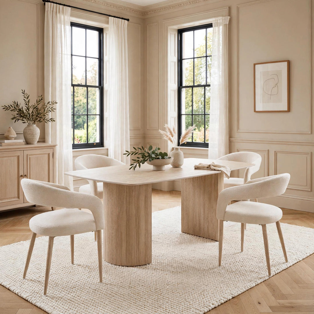 160cm Olympia Beige Ceramic Marble Dining Table with Beige Velvet Chairs – 4 Seater & 6 Seater