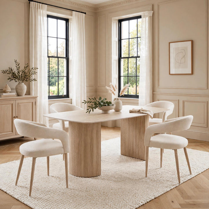 160cm Olympia Beige Ceramic Marble Dining Table with Beige Velvet Chairs – 4 Seater & 6 Seater
