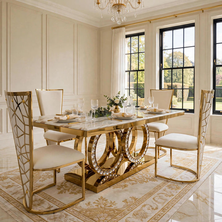 180cm Crystal Black & Gold Dining Table, Rose Black & Gold Chairs, Gold Dining Set UK