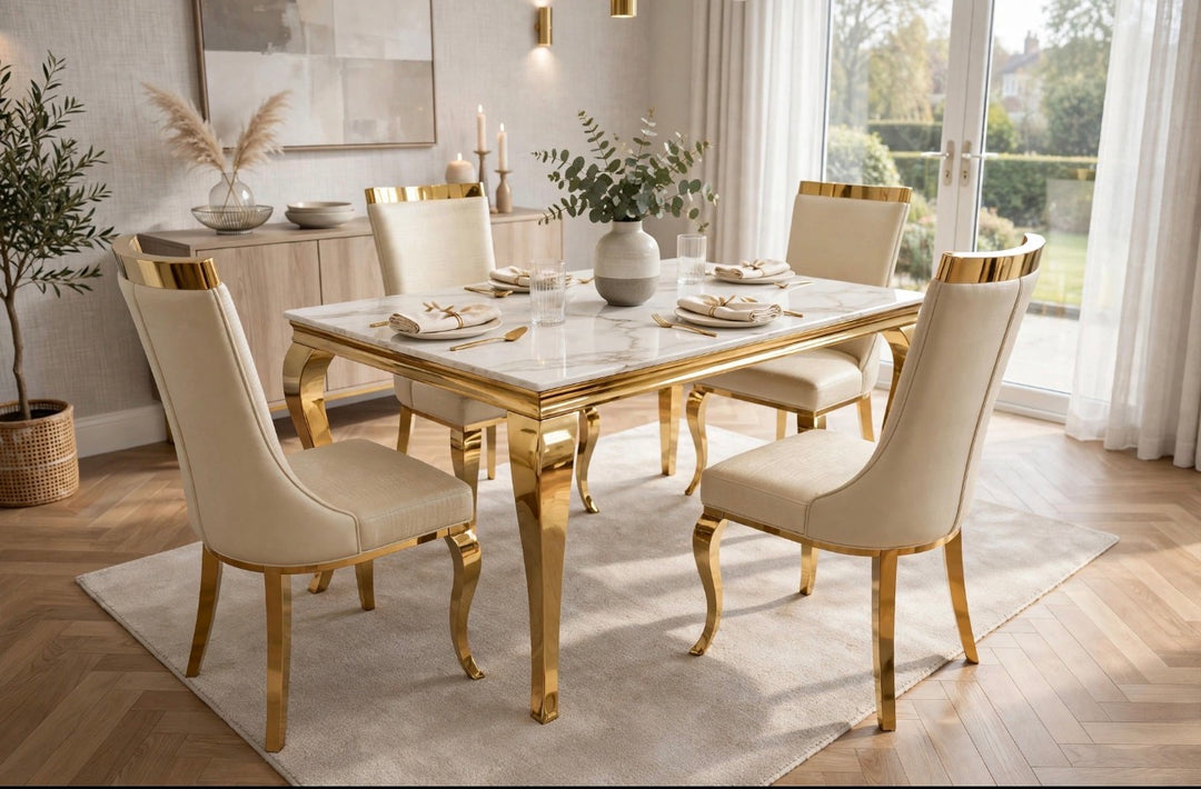 Louise Cream & Gold Marble Dining Table with Roxby Cream & Gold Dining Chairs