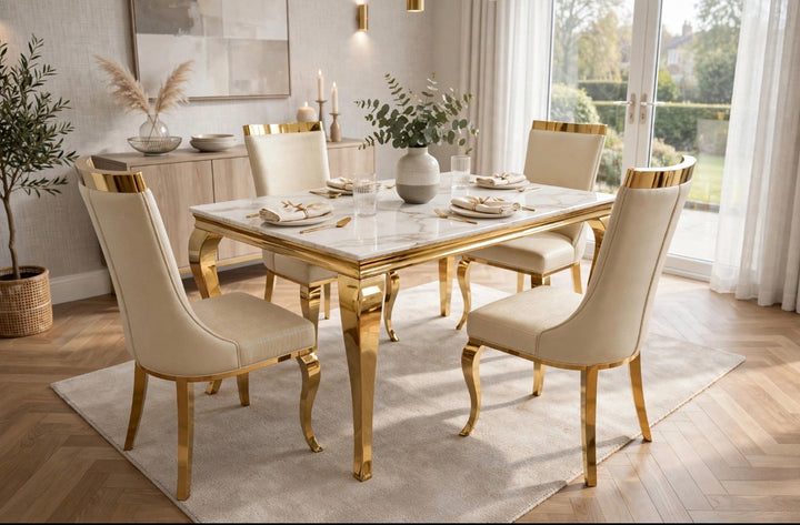Louise Cream & Gold Marble Dining Table with Roxby Cream & Gold Dining Chairs