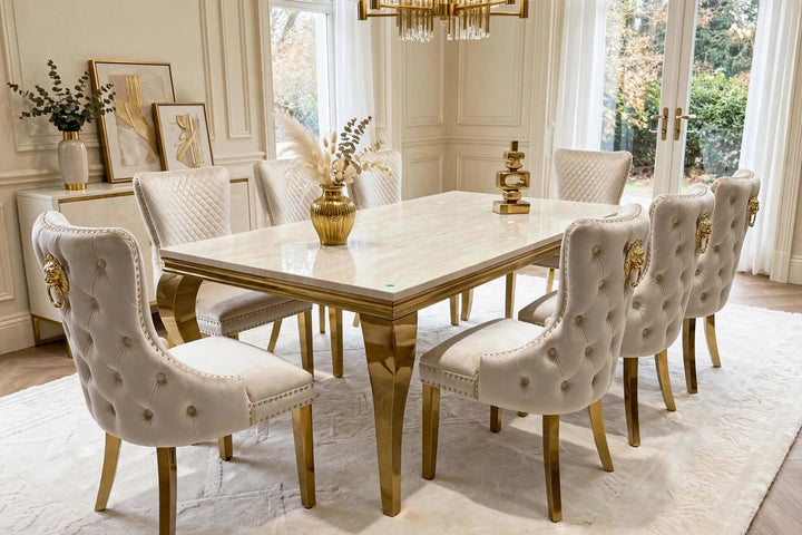 Louise Cream And Gold Marble Dining Table + Victoria Gold Dining Chairs Cream & Gold Lion Knocker