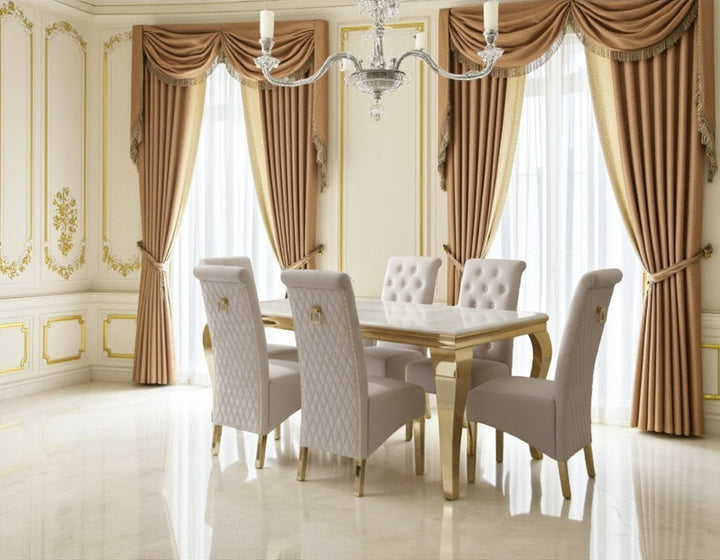 Louis Cream Gold Marble Dining Table + Sofia Cream And Gold Dining Chairs