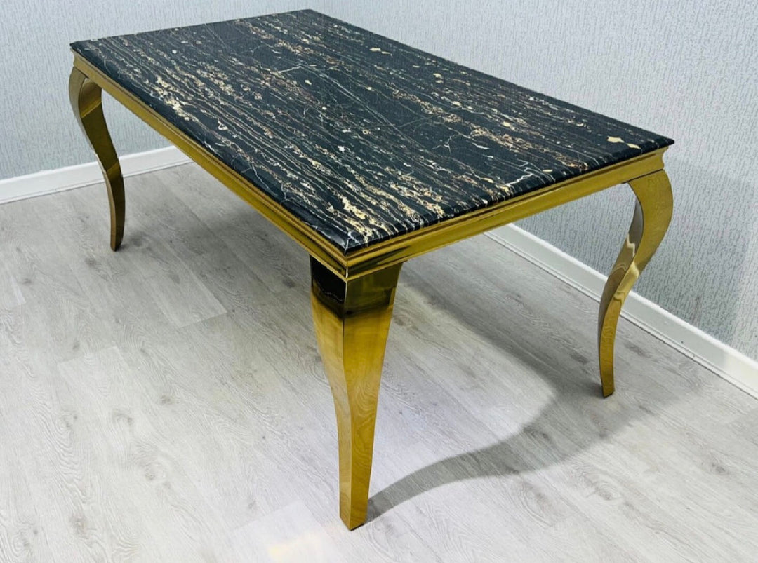 Louise Gold Marble Dining Set With Sofia Black and Gold Ring Knocker Chair