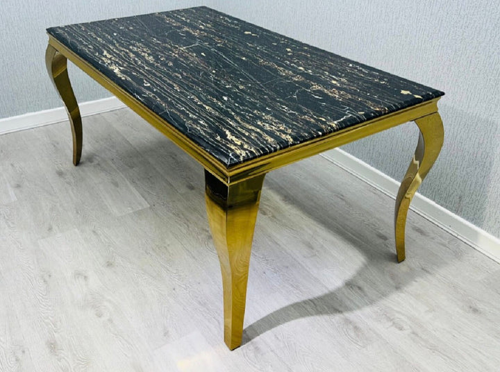Louise Gold Marble Dining Set With Sofia Black and Gold Ring Knocker Chair