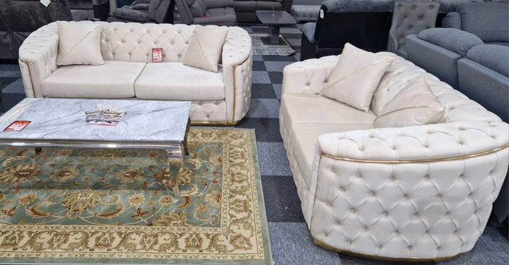 Paris Cream Velvet Sofa Set with Gold Legs – Luxury 3 Seater & 2 Seater Living Room Sofa UK
