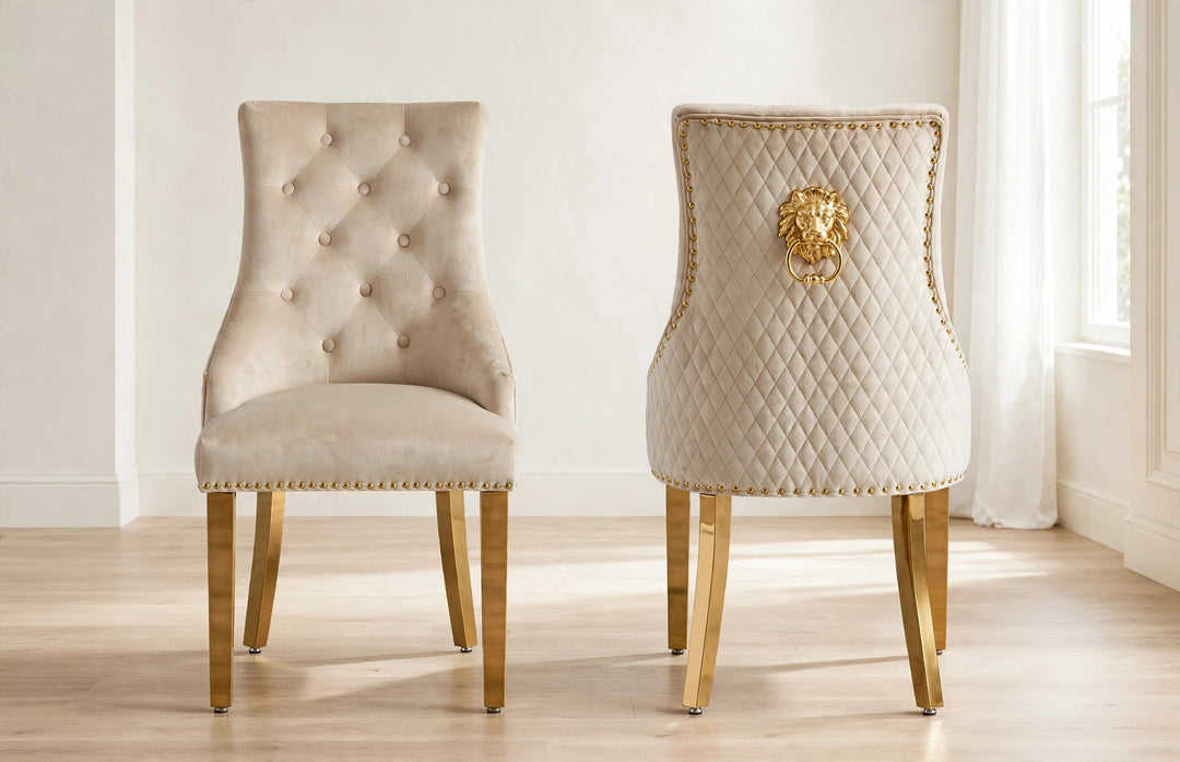 Arianna White & Gold Marble Dining Table With Mink & Gold Velvet Lion Knocker Chair- 4,6 or 8 Seater