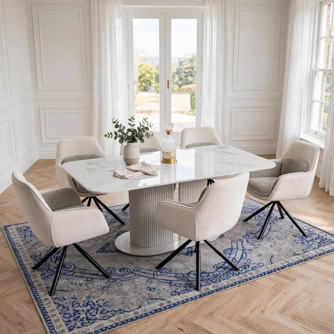 Alasgar Marble Dining Table 160cm White & Cream Pedestal Table with Florence 360 Beige Velvet Swivel Chairs Dining Set