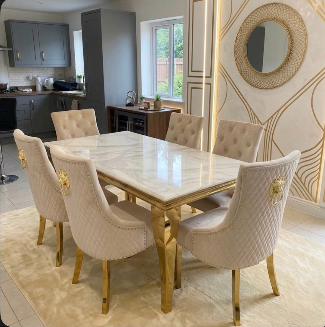 Louise White Marble Dining Table with Gold Base & Gold Majestic Mink Lion Knocker Chairs – Luxury Dining Set