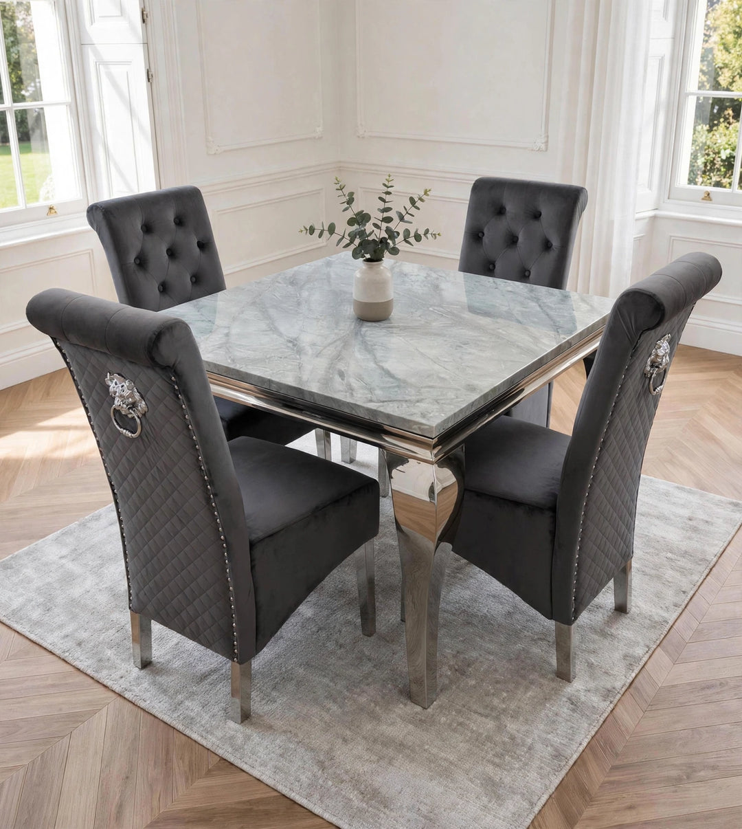 Louise 100cm Square Light Grey Marble Dining Table with Dark Grey Velvet Chairs – 4 Seater