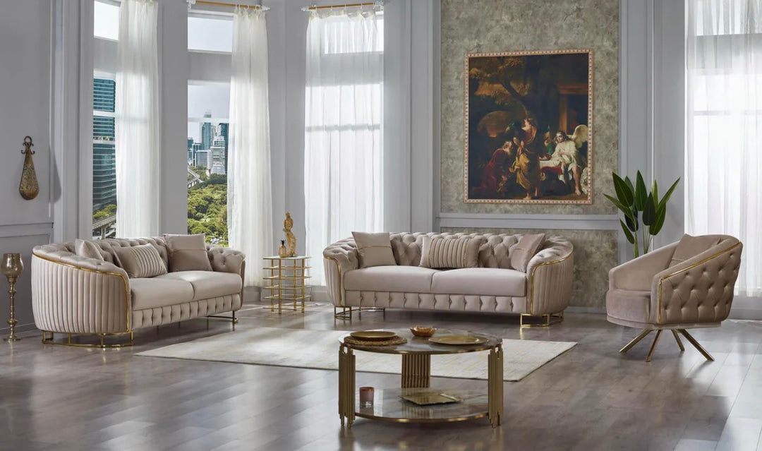 Victoria 3+2 Seater Beige Sofa Set|Gold Trim & Gold Legs