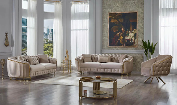 Victoria 3+2 Seater Beige Sofa Set|Gold Trim & Gold Legs