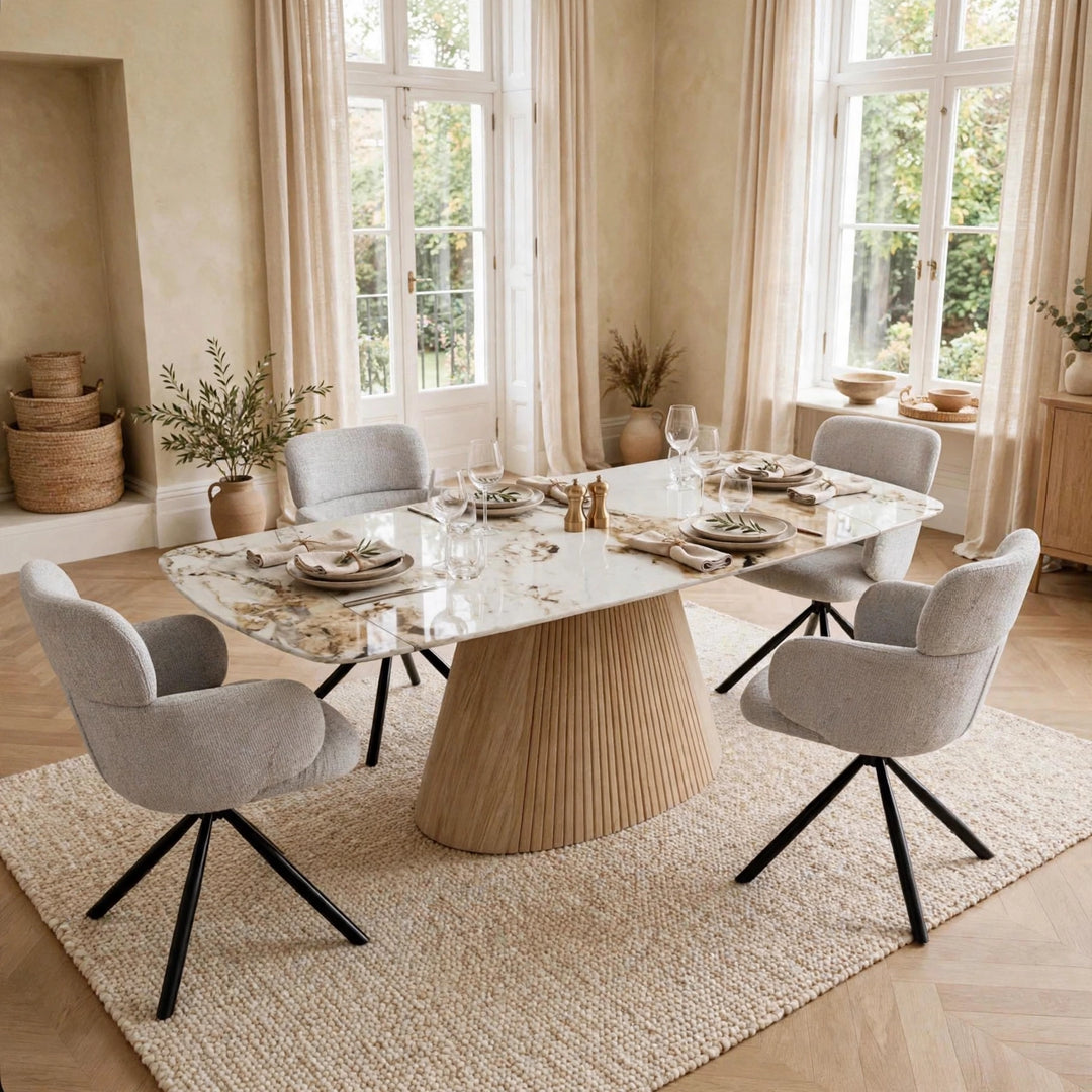 Marino Pandora Beige Extendable Dining Table 160-240cm with Tuscany Grey Velvet 360° Swivel Chairs