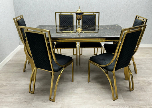 Louise Marble Dining Table Black & Gold + Windsor Gold Dining Chairs Black & Gold