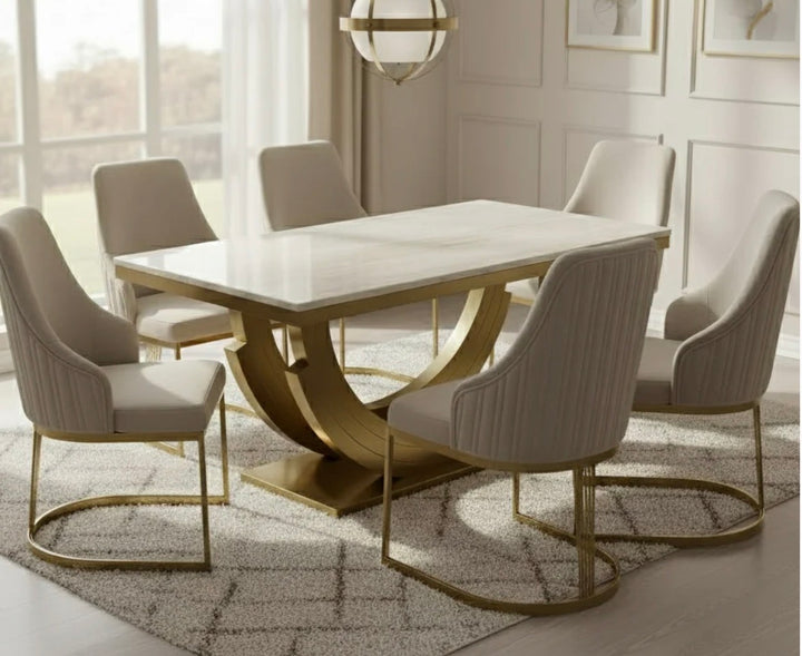 2M Monaco Gold Marble Dining Table Set With Gold Dining Chairs