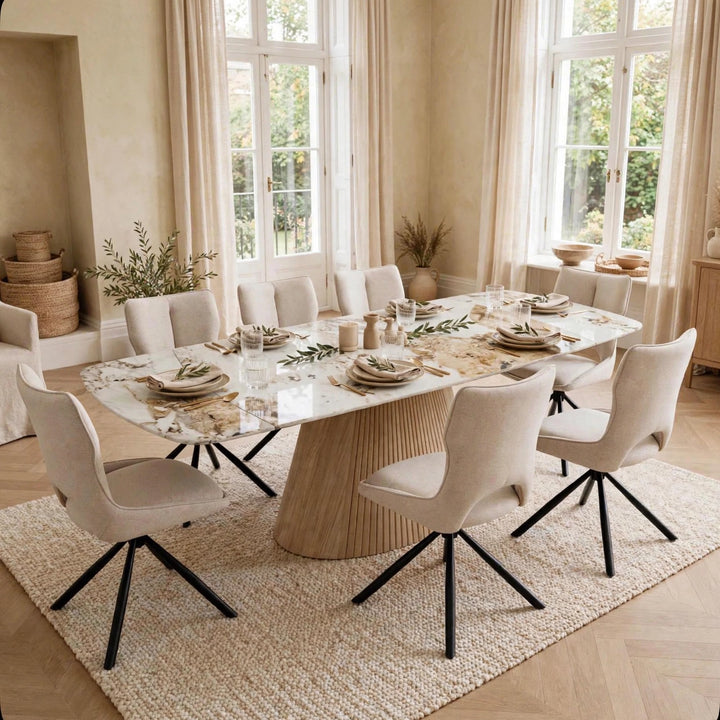 Marino Pandora Beige Extendable Dining Table 160-240cm with Roseland Beige Velvet 360° Swivel Chairs