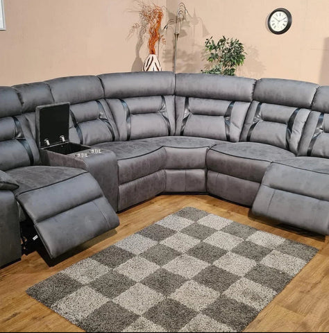 ELECTRIC RECLINER SOFA CORNER - Tech Fabric Sofa GREY WITH BLACK TRIM & Comes With Additional seat & console