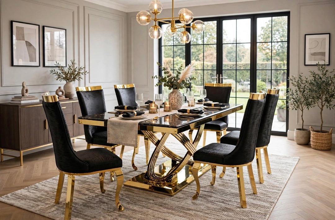 Rose Black & Gold Marble Dining Table with Roxby Black & Gold Dining Chairs | Luxury Dining Set