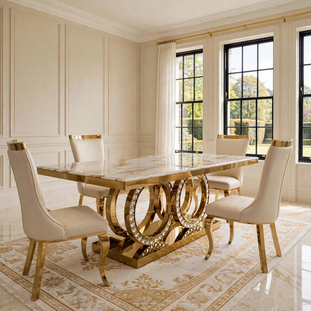 180cm Crystal White & Gold Marble Dining Table with Pu Leather Roxby Cream & Gold Chairs