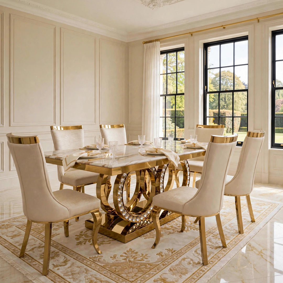 180cm Crystal Black & Gold Marble Dining Table with Pu Leather Roxby Black & Gold Chairs