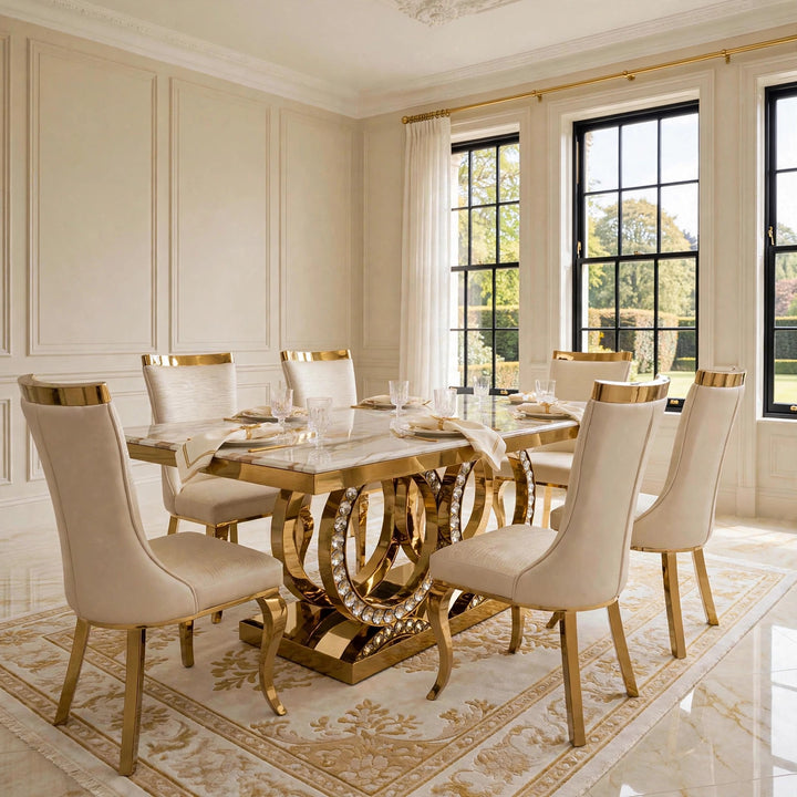180cm Crystal Black & Gold Marble Dining Table with Pu Leather Roxby Black & Gold Chairs