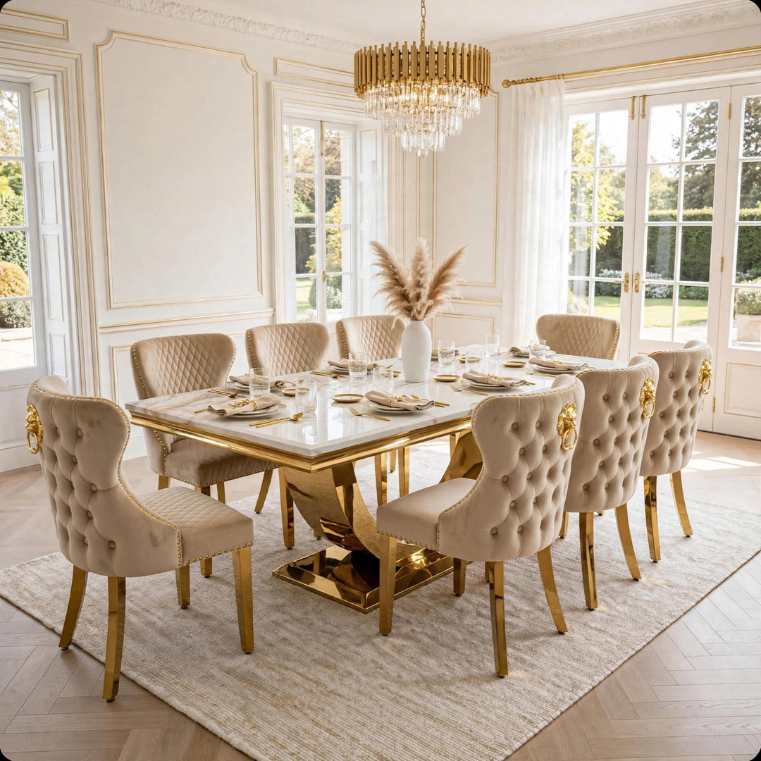 London Gold Dining Table with Victoria Mink & Gold Velvet Luxury Dining Set