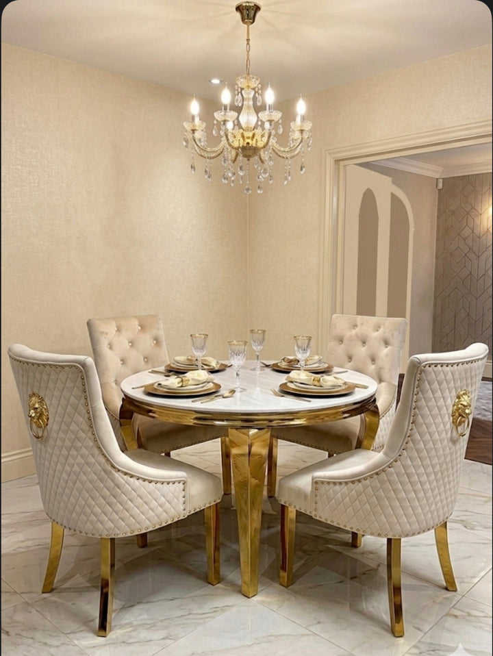 130cm & 110cm Gold Round Dining Table with Cream Marble & Gold Mink Lion Knocker Chairs – Luxury Dining Set UK