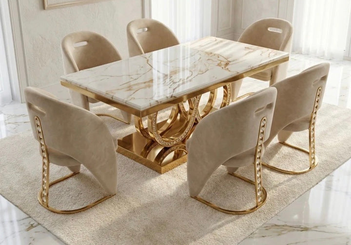 Crystal Dining Table 180cm with Rome Cream & Gold Dining Chairs | Luxury Dining Set UK