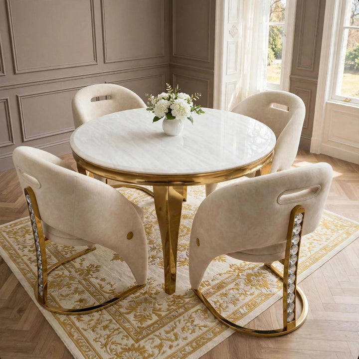 110cm Cream & Gold Marble Dining Table with 4 Crystal Velvet Chairs – Round 4 Seater