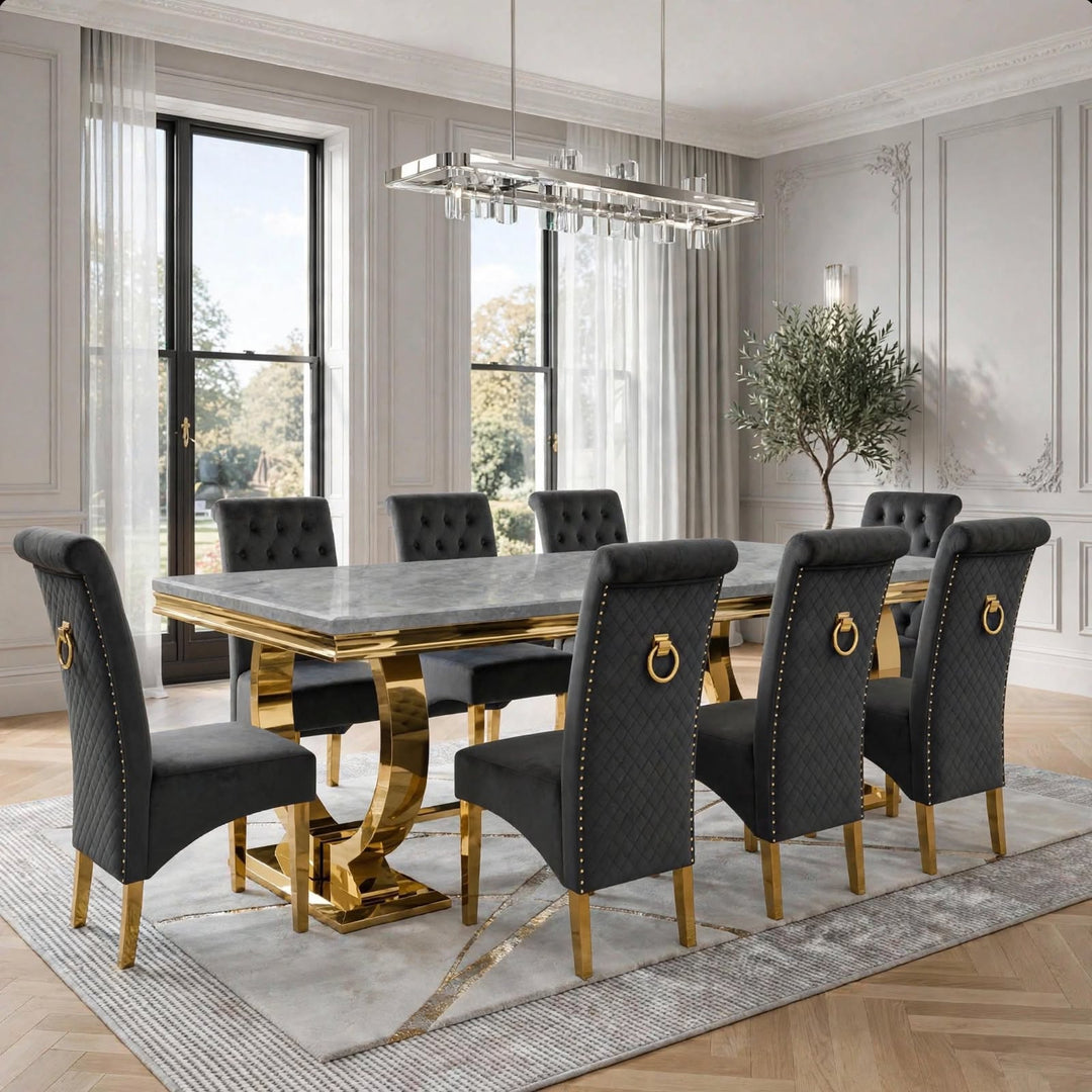 Arianna Light Grey Gold Marble Dining Table with Grey And Gold Lucy Velvet Dining Chairs