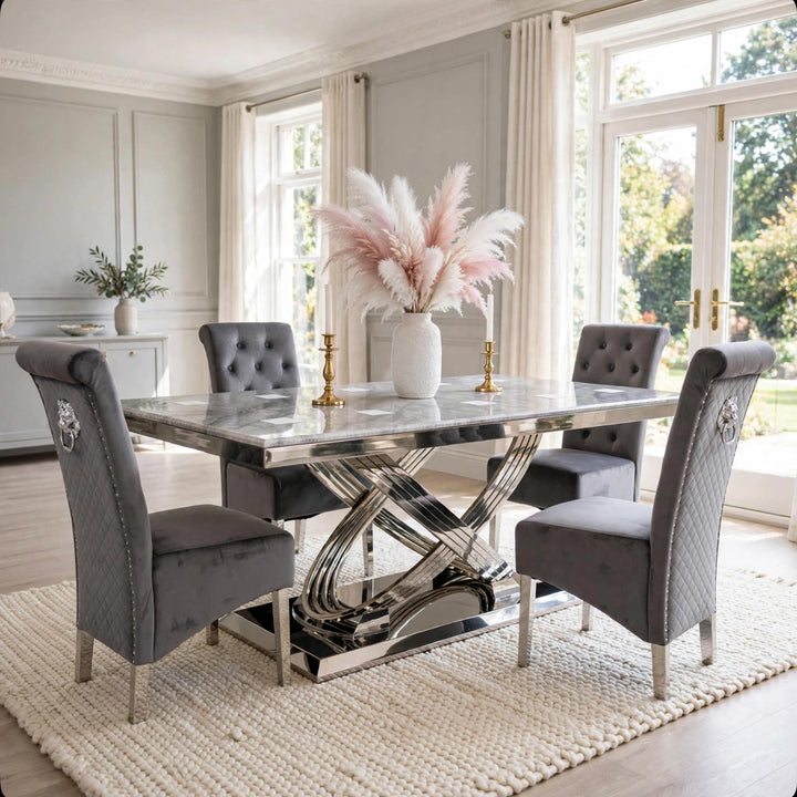 Rose Light Grey Marble Dining Table with Sofia Dark Grey Lion Knocker Velvet Chairs