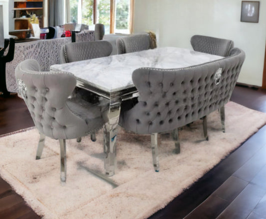 Louis Marble Dining Table + Valentino Dining Chairs Lion knocker Dark Grey & Valentino Bench Dark Grey
