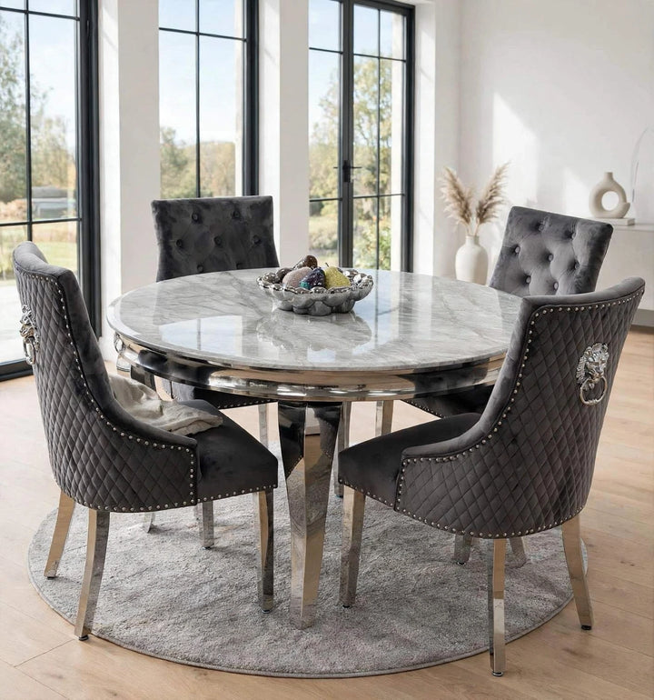 110cm Round Light Grey Marble Dining Table with Dark Grey Velvet Lion Knocker Chair