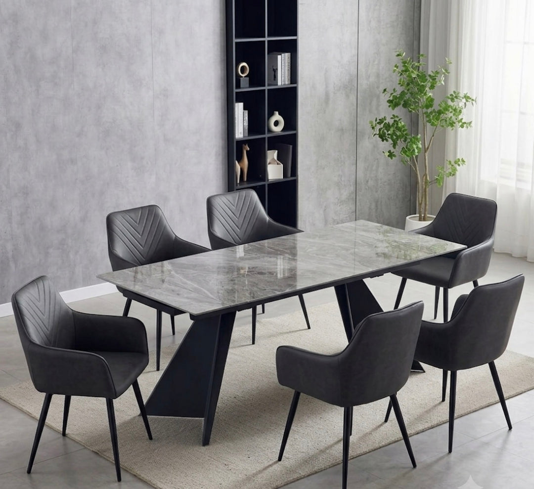 180-260cm Extendable Dining Table Grey + Dining Chairs Leather Dark Grey Chicago