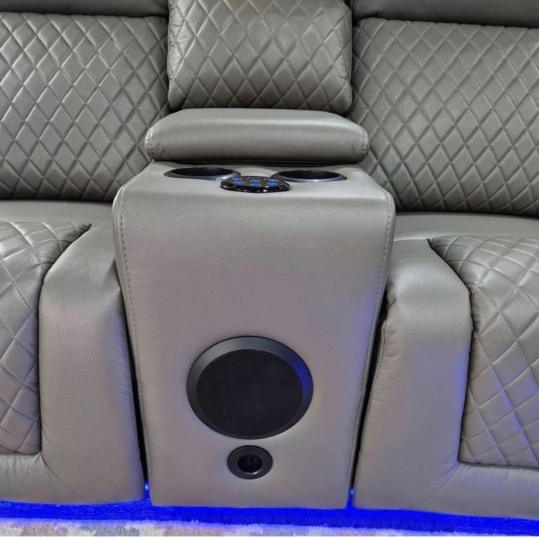 Florence 2 Seater Grey Leather Electric Recliner Sofa with Cup Holders, LED Lights & Wireless Charger, Speaker , USB Port