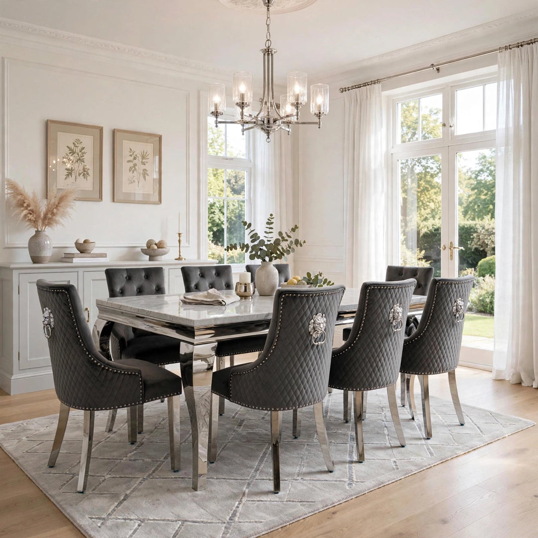 Louise Light Marble Dining Table with Dark Grey Velvet Dining Chairs – 4, 6 & 8 Seater