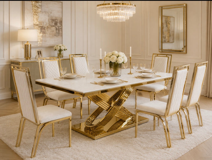 Rose Marble Dining Table Cream And Gold + Chealse Cream And Gold Dining Chairs